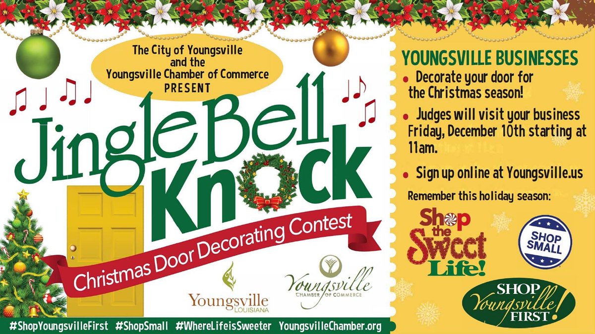 YoungsvChamber's tweet photo. The @CityYoungsville & @YoungsvChamber are proud to present our 2nd annual #JingleBellKnock, Christmas Door & Storefront Decorating Contest! Judging will take place next Friday, December 10th at 11am.
Visit https://t.co/kSnOCxTZ2r to sign up
#ShopSmall #WhereLifeIsSweeter https://t.co/Q2271EFEgt