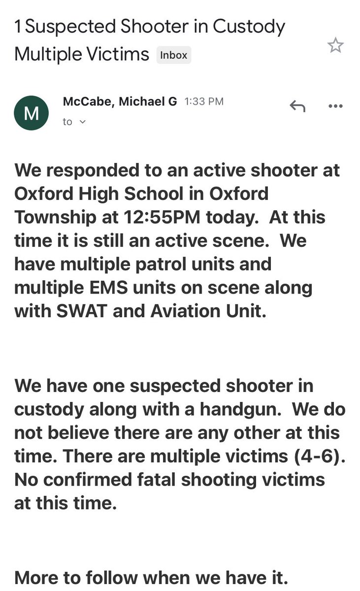 MarkCavitt's tweet photo. BREAKING: Oakland County Sheriff’s Office has suspect in custody following shooting at Oxford High School. 

Undersheriff Mike McCabe: “There are multiple victims (4-6). No confirmed fatal shooting victims at this time.” https://t.co/bVGw2TDYlE