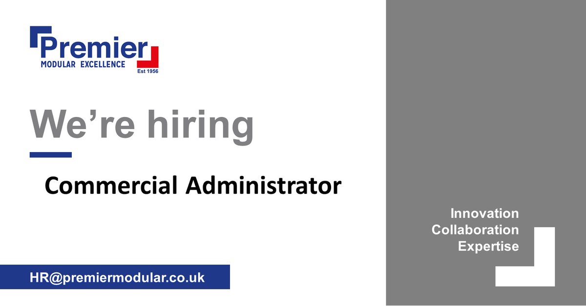 Premier_Modular's tweet photo. NEW VACANCY - Commercial Administrator

Based East Yorkshire. To provide high quality admin support to our commercial team.

HR@premiermodular.co.uk

#adminjobs #yorkshirejobs #humberjobs #officejobs #modularbuilding #hiring #vacancies #recruitment #administration #adminjob https://t.co/qbN2MSS5rh