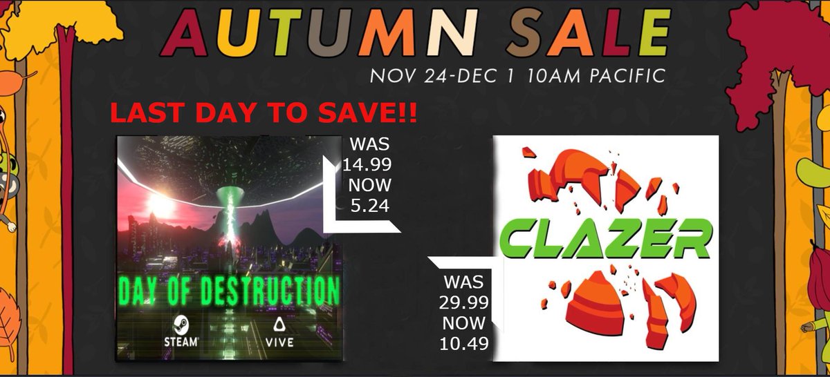 synaptixgames's tweet photo. Today is the last day to SAVE BIG on our games in the STEAM AUTUM SALE!!
https://t.co/jMXbAoJhCs
#Steam #Steamsale #autumsale #vr #indiedev #gamedev #discounts #lastdayofnovember https://t.co/yzhFW2a2LX