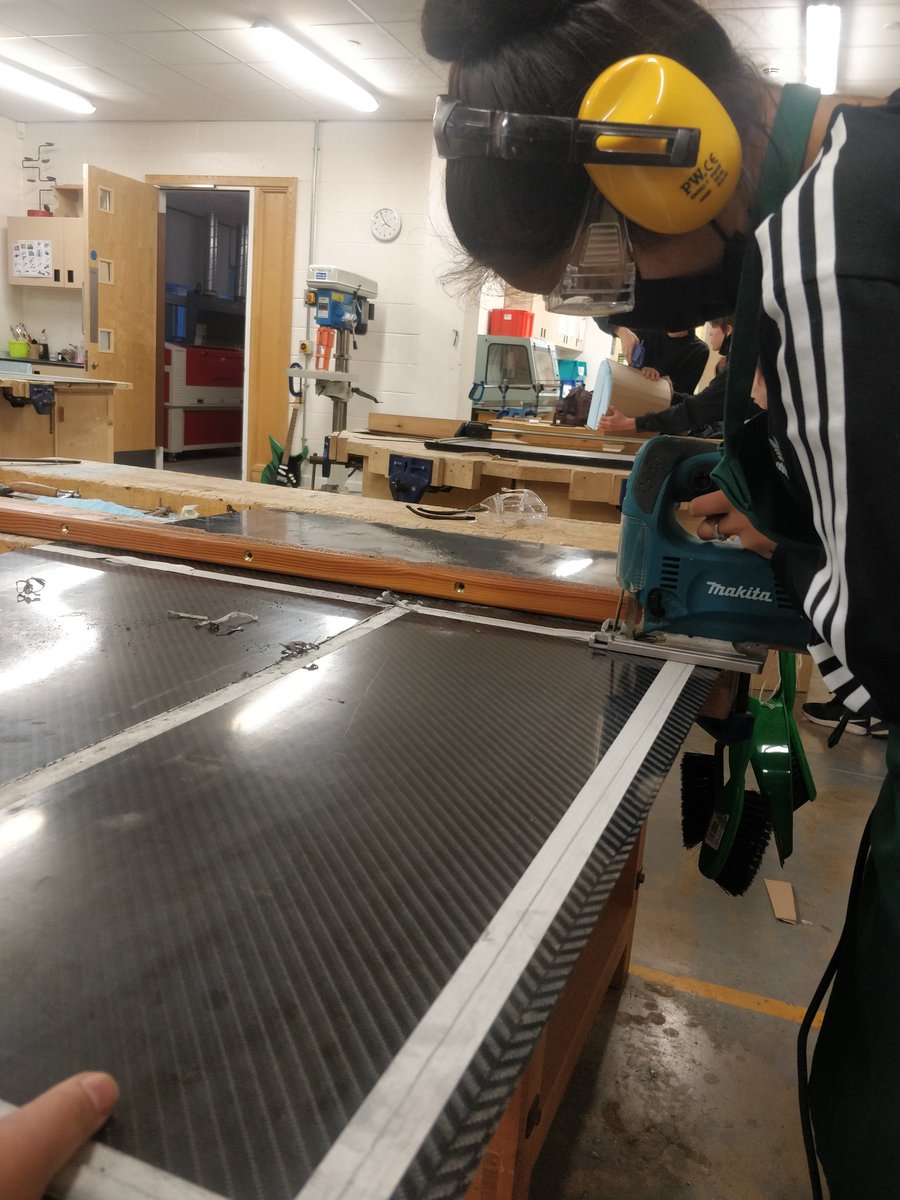 jsjgreen's tweet photo. A huge thank you to @atlascomposites for generously donating carbon fiber to @CoDA_Sinfin 's  @greenpower_team . The students have loved making cardboard mockups, laying them out as templates and finally today starting to cut parts. https://t.co/jLzMnzXW1Z