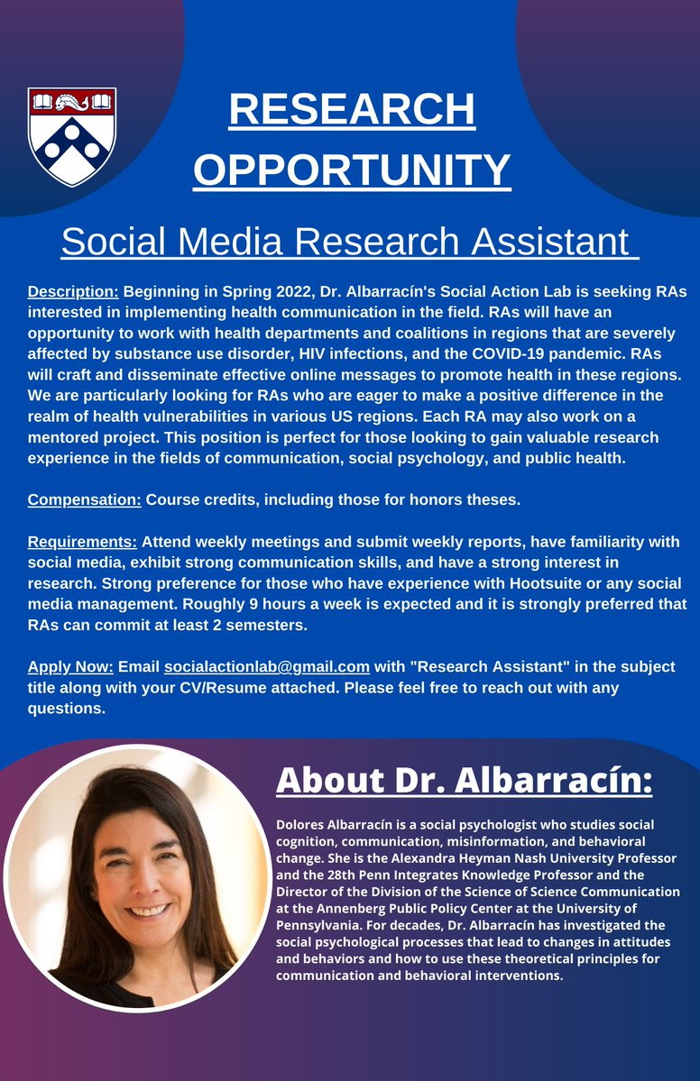 Social Action Lab (@socialactionlab) on Twitter photo The Social Action Lab is seeking Research Assistants for Spring 2022! See below for more information, and feel free to share with your students/colleagues! @dalbarra <a href="/Penn/">Penn</a> <a href="/SPSPnews/">Society for Personality and Social Psychology</a> <a href="/AnnenbergPenn/">Annenberg School</a> The Social Action Lab is seeking Research Assistants for Spring 2022! See below for more information, and feel free to share with your students/colleagues! @dalbarra <a href="/Penn/">Penn</a> <a href="/SPSPnews/">Society for Personality and Social Psychology</a> <a href="/AnnenbergPenn/">Annenberg School</a>