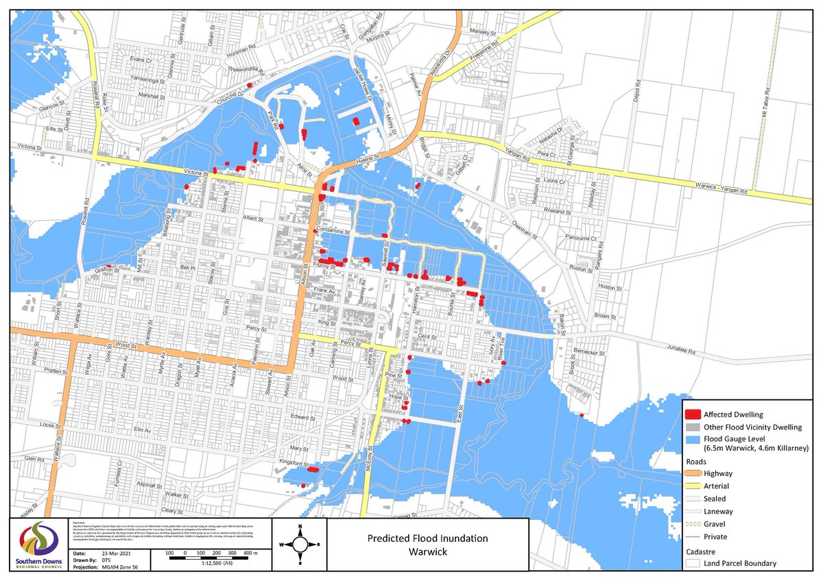 IMPORTANT FLOOD UPDATE Wednesday 1 December  ‼️ #WARWICK AND #PRATTEN. Updated flood modelling from BoM suggests a 6.5m flood at Warwick around 7am today and a 7.3m flood potentially early to mid-afternoon at Pratten today. Rural Fire Service is door-knocking in Pratten.