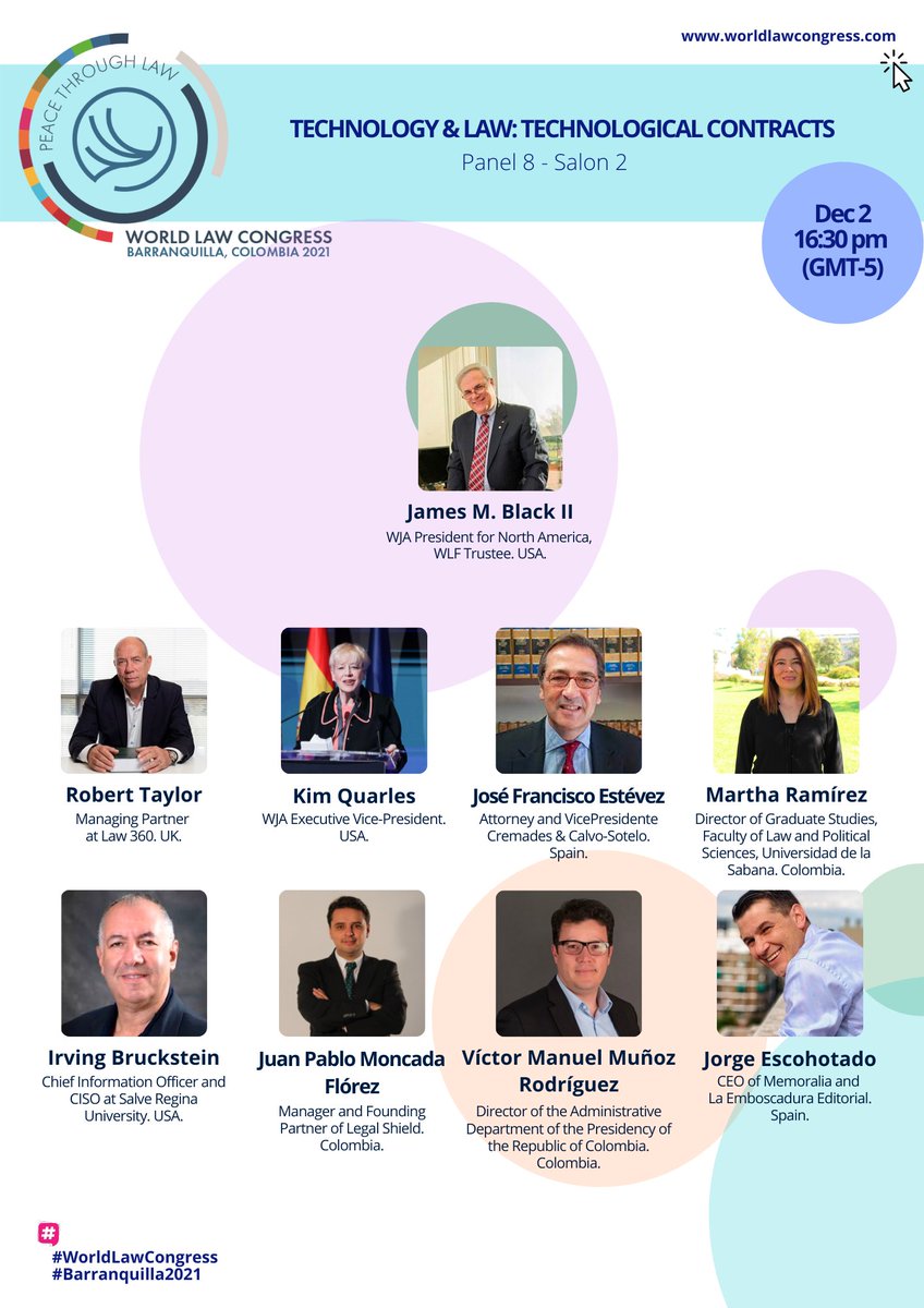 "TECHNOLOGY &amp; LAW: TECHNOLOGICAL CONTRACTS" panel that will take place during the #WorldLawCongress Colombia 2021 on December 2.

Sign up! worldlawcongress.com