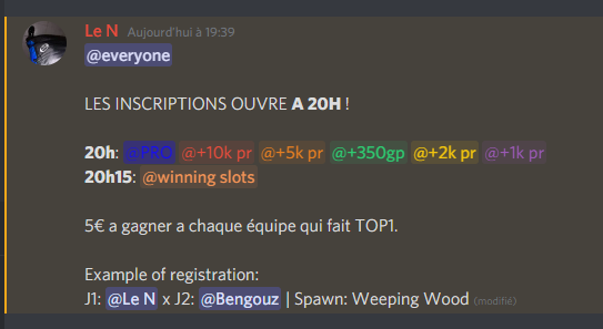 🚨 Les inscriptions ouvrent à 20h !

Si tu as + de 1k pr, DM nous !🎉 

5e a gagner à chaque top 1.😋