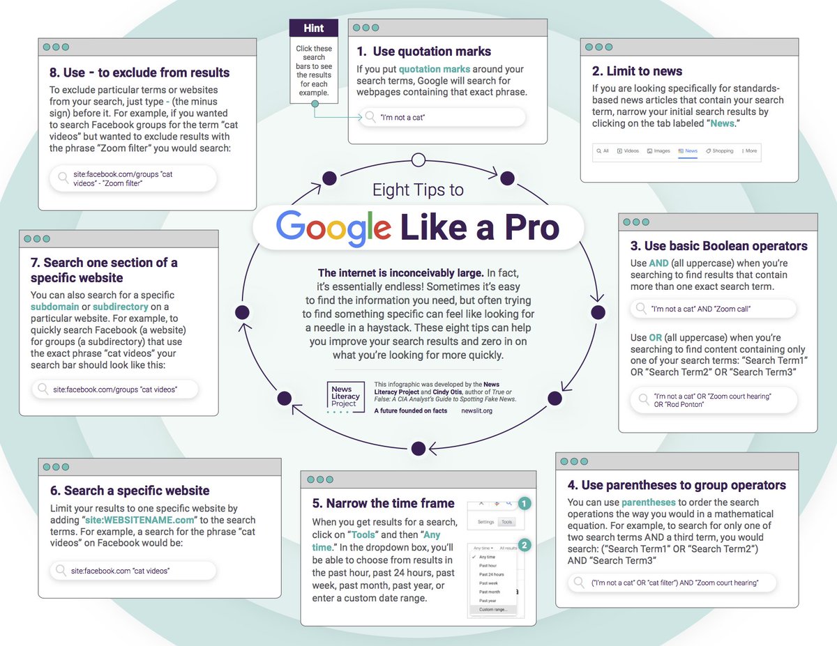 NewsLitProject's tweet photo. Do you know how to Google like a pro? This 👇🏾, created with @CindyOtis_, provides 8️⃣ tips for taking your searching skills to the next level. 

It's the kind of free resource we can develop thanks to your support! Give today —> https://t.co/dBvLmUWZpe

#GivingTuesday https://t.co/L6hsaqPBjz