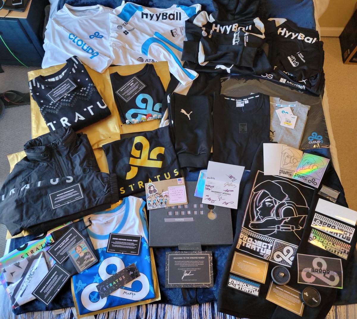 HyyBall's tweet photo. Actually had to climb on a ladder to capture all of #Stratus21 loot... looking forward to Y2, @C9Stratus! @Cloud9 #c9win #StratusFam https://t.co/01jaSmcniS