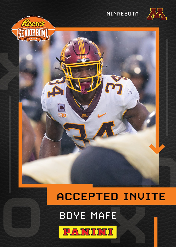 Please welcome DL Boye Mafe <a href="/boye_mafe/">.</a> from <a href="/GopherFootball/">Minnesota Football</a> to the 2022 @Reeses Senior Bowl!!! #RTB #SkiUMah  #TheDraftStartsInMOBILE™️ 

@JimNagy_SB <a href="/PaniniAmerica/">Panini America</a> #RatedRookie