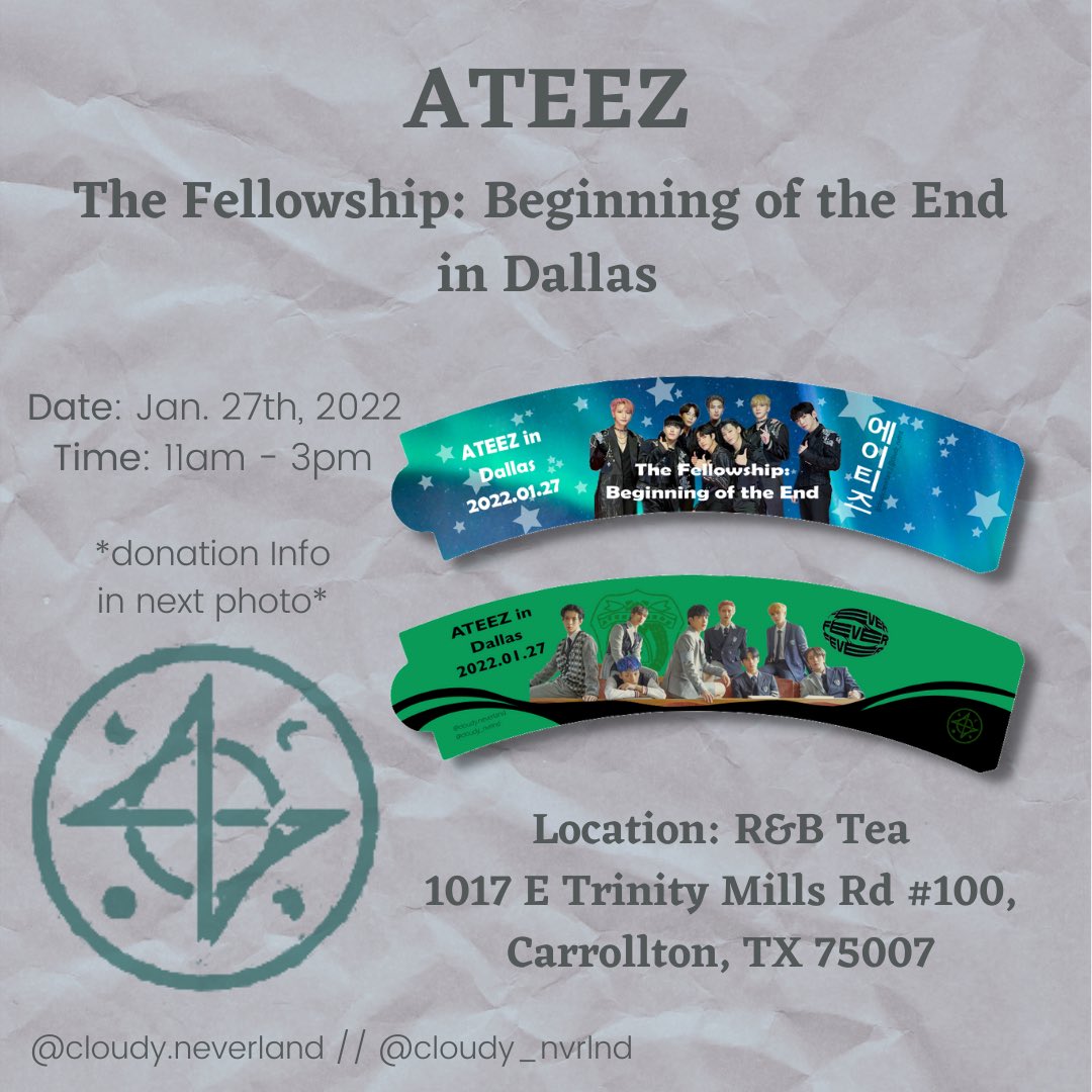 cloudy_nvrlnd's tweet photo. Finally! I’m happy to bring details for the Ateez Cupsleeve event in Dallas! 

Donation Details:
username+ateez in the comment! 
*F&amp;F for all platforms*

Raffle Details: 
2 Prizes drawn at 2pm
- Lightiny 
- Sealed Fever: Epilogue Album

#ATEEZ #ATEEZWORLDTOUR2022 #ATEEZinDallas https://t.co/bEWSQFmDhu
