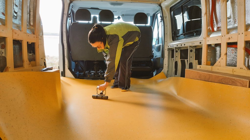 EilidhCarr's tweet photo. A year ago today little van looked very different ๐ we had fitted the insulation and plywood for the floor... ready for my most favourite part of van was to go down... my bright yellow altro floor ๐ van wouldn't be the same without it. #VanAdventures #OuterHebrides https://t.co/PTi1nKzctc