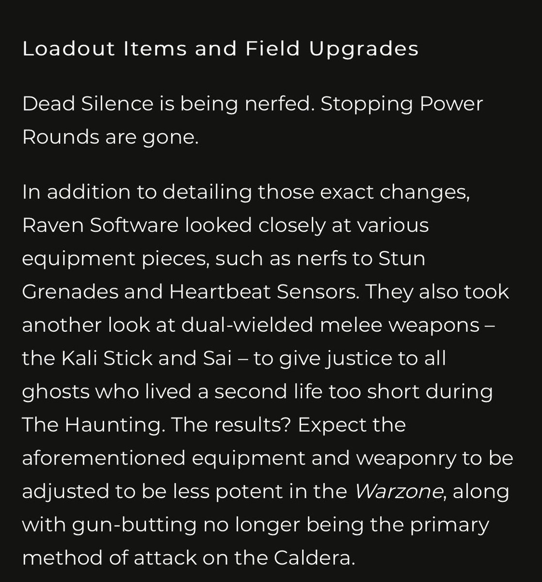 ChiliWilson_'s tweet photo. Call of duty is listening to the community. Stopping power rounds are gone, nerfs to stuns, heartbeat sensor, dead silence and Kali sticks and a fix to the gas mask animation. This Pacific Warzone update is a huge W. https://t.co/uIznCx4YDs