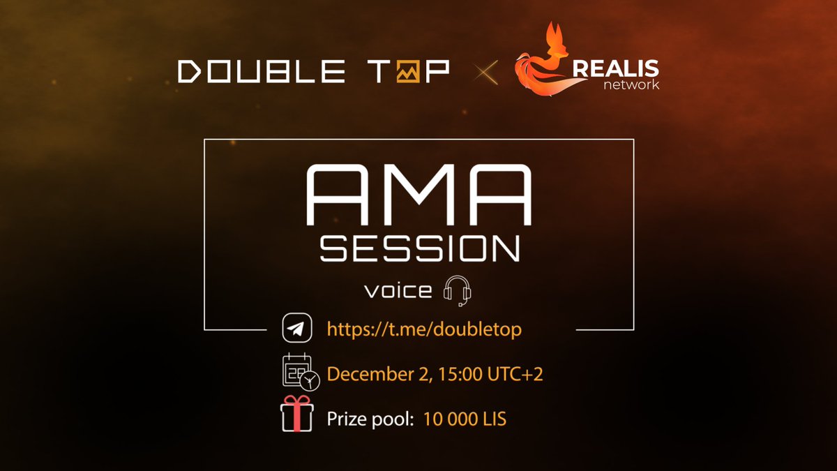 🔥Hot announcement🔥

We will hold a voice AMA with great project <a href="/realisnetwork/">Realis</a> 

🔸When: December 2 at 15:00 UTC+2 
🔸Voice channel: t.me/doubletop
🎁Prize pool: 10 000 $LIS

To take part fill out the form:
forms.gle/iGf2HCL8z3h7mN…

🧵 1/2 about platform ⬇️