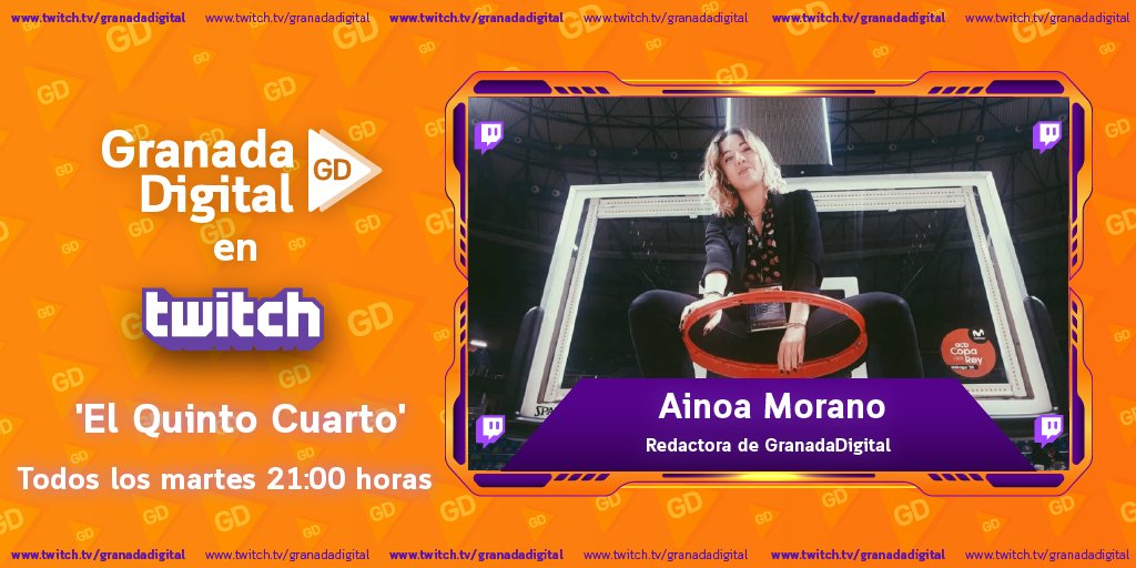 granadadigital's tweet photo. 🟪Este martes vuelve el espacio dedicado al baloncesto al Twitch de GranadaDigital🏀

'El quinto cuarto' con @ainoamorano y con estos invitados: el jugador del @FundacionCBG @germy1398 y el periodista @alvarosuarezz5

🕘21:00 h
📲👉🏼 https://t.co/vW0vYz3Fte https://t.co/bzZlkhBxQf