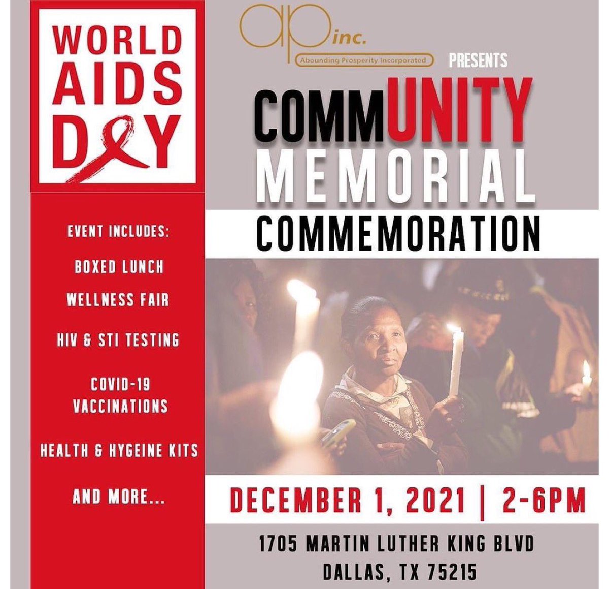 TransAPInc's tweet photo. Come out Tomorrow to help us commemorate World AIDS Day. 
Free food, hygiene kits, and STI/HIV  testing. 
Wednesday, December 1, 2021 from 2 - 6 pm. 
1705 Martin Luther King Jr Blvd https://t.co/8B3WkUxmRW