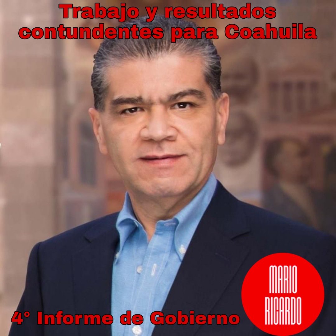 Felicito este día al Gobernador Miguel Angel Riquelme Solis por rendir su 4to. Informe de Gobierno.

En #Coahuila queda demostrado que tenemos un estado en crecimiento, próspero y seguro, gracias a su liderazgo y entrega.
#ConFortalezaYVoluntad
#FuerteCoahuilaEs
#CuartoInforme