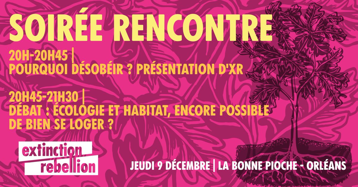 OrleansXr's tweet photo. ✊ Rejoindre la désobéissance civile à #Orléans !
Venez rencontrer notre groupe local #ExtinctionRebellion le 9 décembre pour échanger sur l'urgence d'agir puis débattre autour du sujet de l'habitat 🏡🏘 https://t.co/1HOlPGVDv7