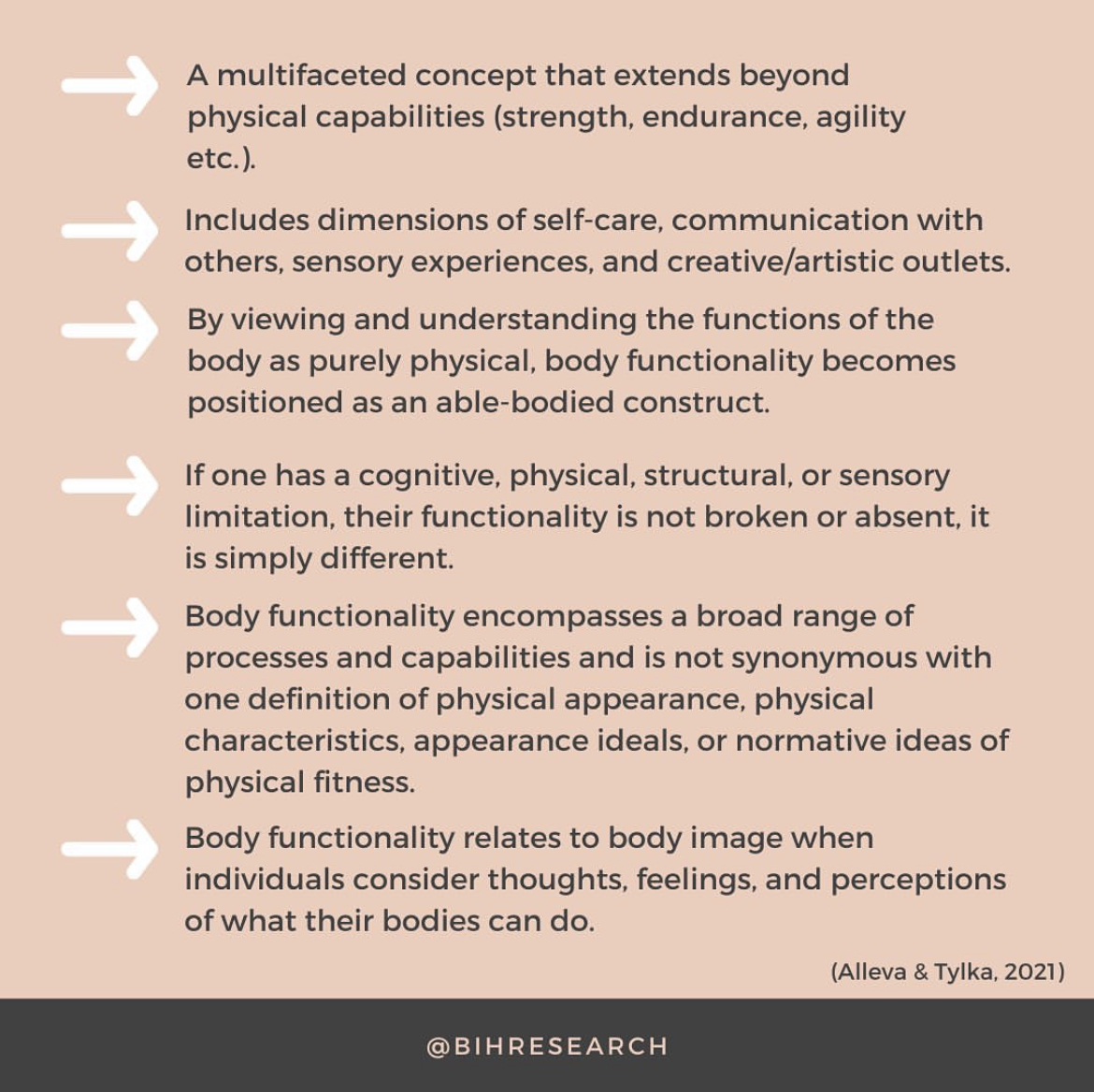 bihresearch's tweet photo. In our research field, we've noticed a recent rise of body functionality research... But what is #bodyfunctionality exactly?
Check out our helpful graphics on body functionality and the importance of it with respect to #bodyimage and #wellbeing. https://t.co/mahYRfwnJg