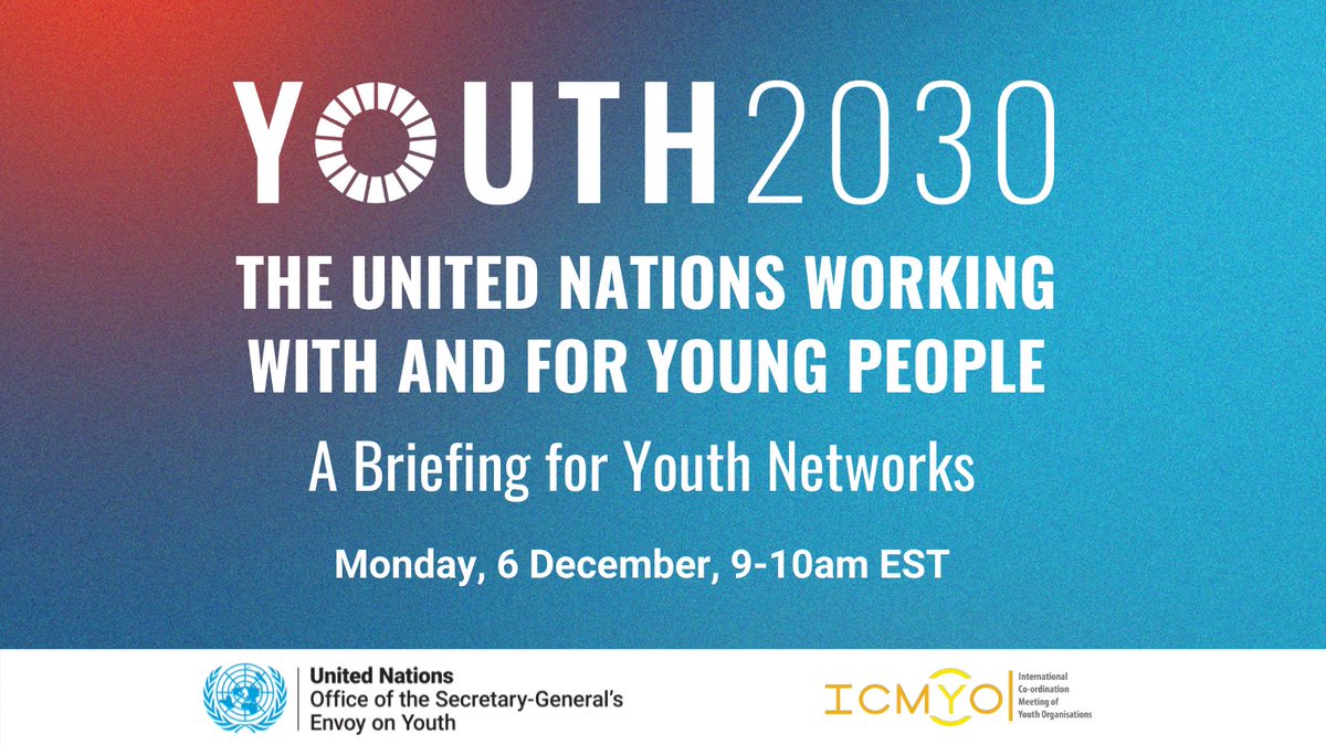 UNYouthAffairs's tweet photo. Calling all youth networks, organizations &amp; young ppl everywhere — the upcoming #Youth2030 briefing is for YOU to hear more about how young ppl have been playing the role of co-shapers of the @UN’s first-ever youth strategy 🙌

🗓️ Mon, 6 Dec
🕐 9 am EST
👉 https://t.co/UtaRRlokmb https://t.co/yyAWxJaS2p