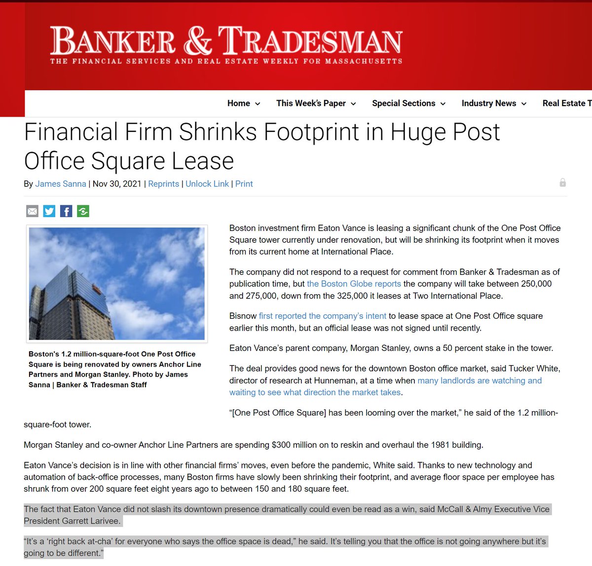 “It’s a ‘right back at-cha’ for everyone who says the office space is dead. It’s telling you that the office is not going anywhere but it’s going to be different,” said our Garrett Larivee regarding <a href="/EatonVance/">Eaton Vance</a>'s new lease at #Boston's One PO Square. bit.ly/3G5tKUJ