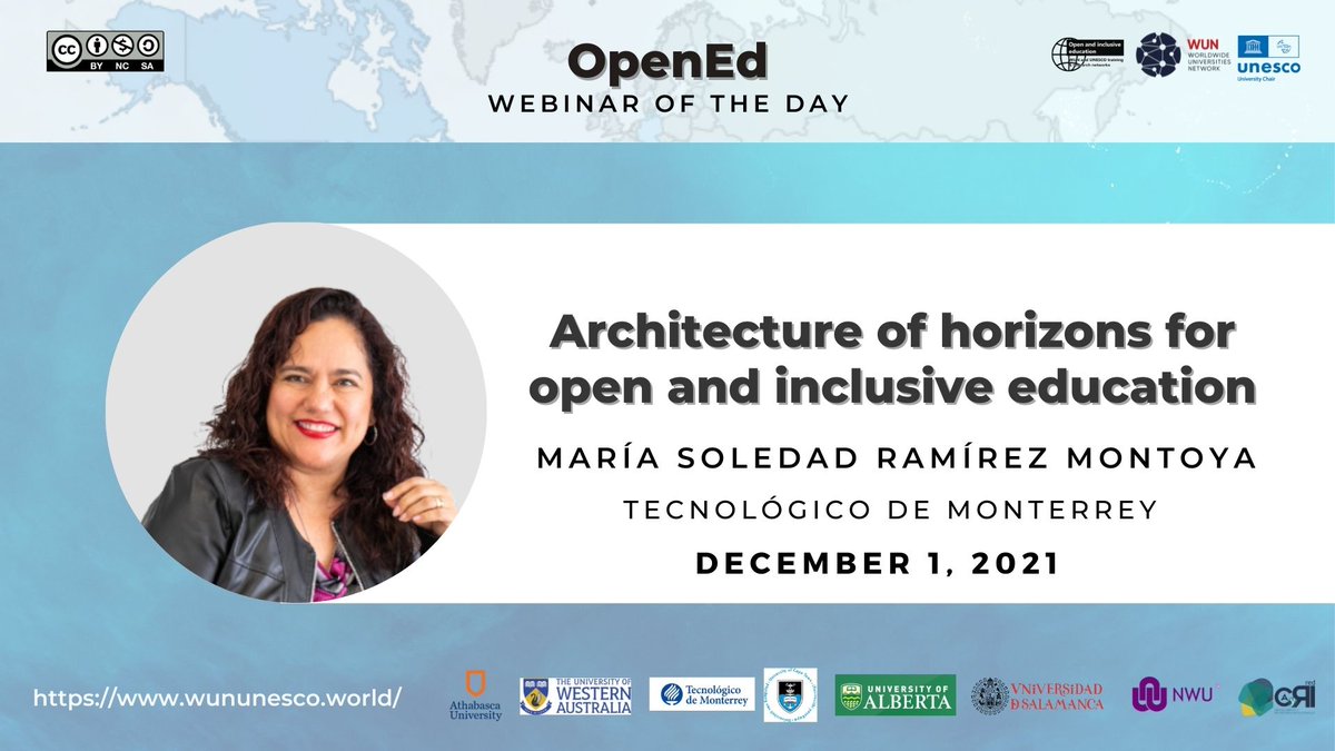 We remind you that today is the last webinar 'Architecture of horizons for open and inclusive education' by María Ramírez at 10 a.m. (GMT-06 CDMX) Do not miss it! Enable the reminder: youtu.be/s1jdN9TG8Go @WUNetwork <a href="/UNESCO/">UNESCO 🏛️ #Education #Sciences #Culture 🇺🇳</a> #EducacionAbierta #EducacionInclusiva