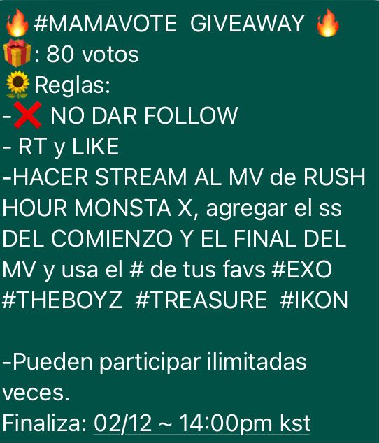 streamkilla514's tweet photo. 🔥#MAMAVOTE  GIVEAWAY 🔥
🎁: 80 votes
🌻Rules:
-❌ DON'T FOLLOW
-RT and LIKE 
-STREAM MONSTA X RUSH HOUR MV, add the ss at THE BEGINNING AND THE END OF THE MV, and use the # of your favs #TheBoyz #iKON  #EXO  #TREASURE
- UNLIMITED ENTRIES
-ENDS 12/2 ~ 14:00 pm KST 🇰🇷 https://t.co/jIGG9eymwk