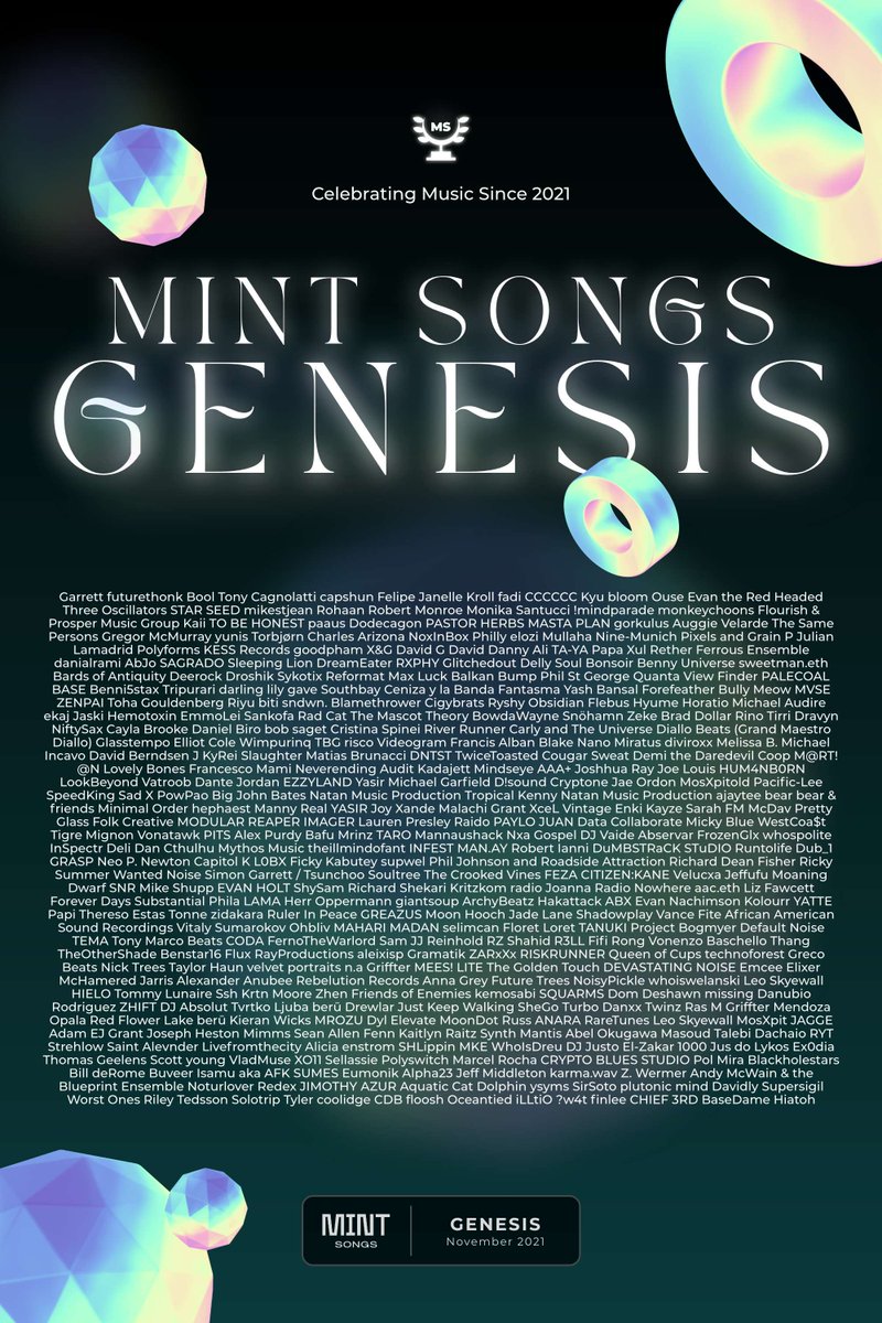 mintsongs's tweet photo. 9/ To celebrate the launch of Posters and success of our seed round, we're inviting you to collect your first Mint Poster for free! This Genesis poster showcases each artist that signed up to Mint Songs during our beta. https://t.co/lB2RyWfY6a