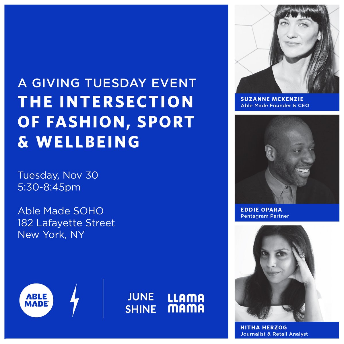 Join #EddieOpara, journalist <a href="/HithaHerzog/">Hitha Herzog</a> &amp; <a href="/AbleMade/">Able Made</a> founder #SuzanneMcKenzie for a #GivingTuesday panel discussion on fashion, sports &amp; wellbeing tonight 11/30 at Able Made Soho in NYC! Shop at 5:30 pm, talk at 7:15. Free with RSVP: docs.google.com/forms/d/e/1FAI…