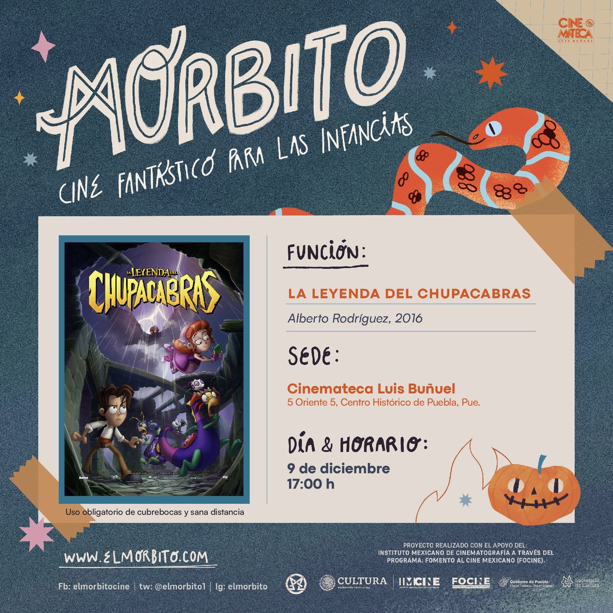 CulturaGobPue's tweet photo. La @cinemateca_pue nos invita a disfrutar de #Morbito: Cine fantástico para las infancias @elmorbito1. 

🗓️ 9 diciembre - 🎬 La leyenda del Chupacabras.
🗓️ 10 diciembre - 🎬 La leyenda del Charro Negro.   
¡#QueRevivaPuebla! https://t.co/1ZFUA1Tuuc