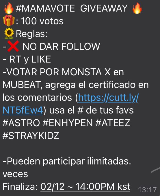 streamkilla514's tweet photo. 🔥#MAMAVOTE  GIVEAWAY🔥 
🎁: 100 votes
🌻Rules:
-❌DON'T FOLLOW
-RT and LIKE
-VOTE FOR MONSTA X on Mubeat, add the certificate of the vote in the comments (https://t.co/6UAm5ywXLl) and use the # of your favs #ASTRO #ENHYPEN  #ATEEZ #STRAYKIDZ
-UNLIMITED ENTRIES
-ENDS:12/2~2PM KST https://t.co/2DRf25EaSg