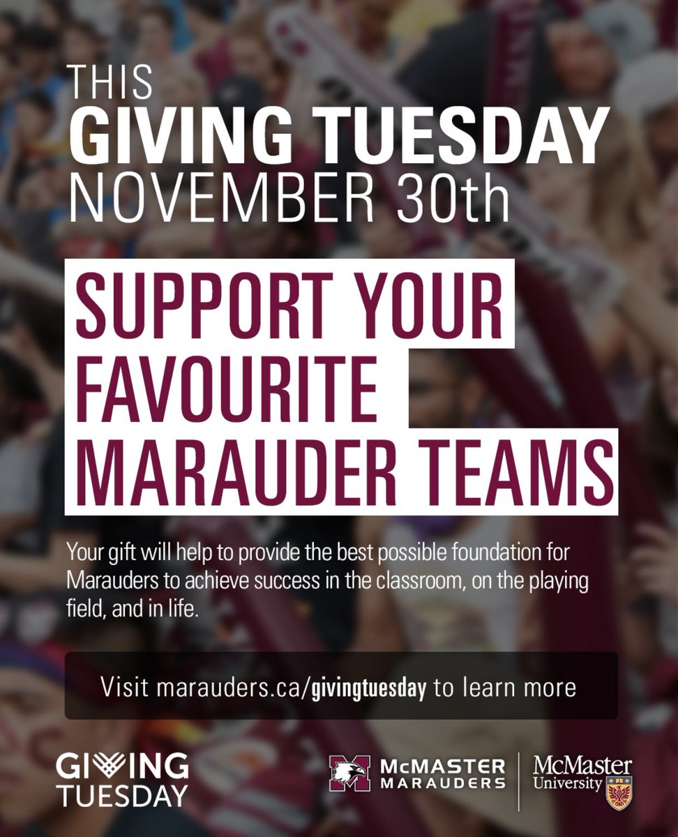 Today’s the day! This year on Giving Tuesday we’re aiming to raise funds that will enhance the student-athlete experience. Your gift to the Marauder Women’s Lacrosse team at McMaster University will make a difference! Visit marauders.ca/GivingTuesday to donate! #MarauderNation