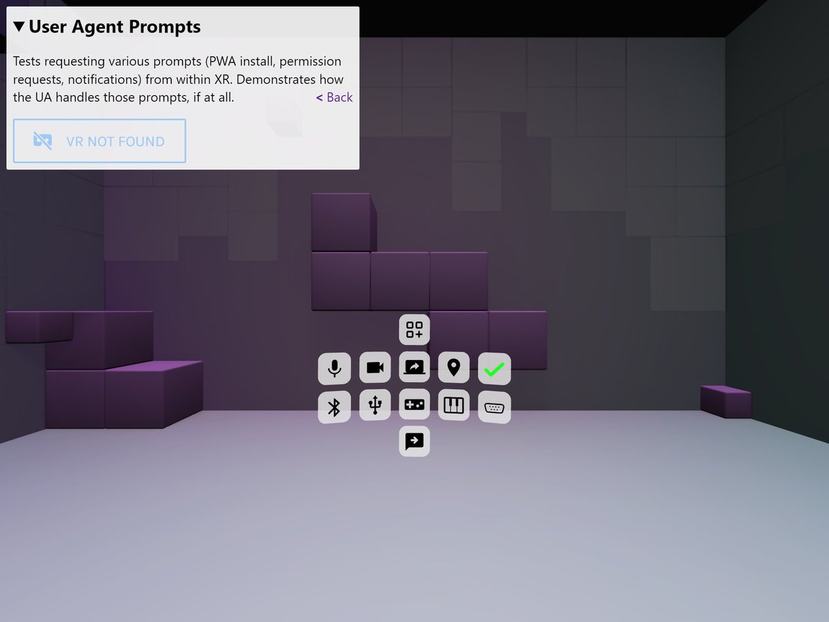 alexey_rodionov's tweet image. Wondering (like me) how browsers handle various prompts (PWA install, permission requests, notifications) from within XR, if at all? 🤔
I've developed a #WebXR test page for that. 🧑🔧
Try it now! 👀
immersive-web.github.io/webxr-samples/…
#PWA #CapableWeb #ImmersiveWeb #VR #AR #MR #XR