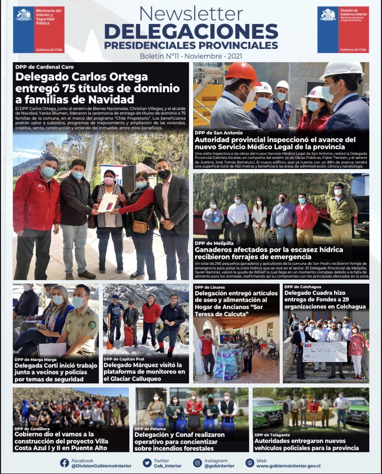 💻 Newsletter | Delegaciones Presidenciales • Boletín N° 11 • Noviembre 2021

💠 El boletín de este mes destaca a la <a href="/DPPPetorca/">Delegación Presidencial Provincial de Petorca</a> , "Delegación y Conaf realizaron operativo para concientizar sobre incendios forestales".

<a href="/mpazsante/">María Paz Santelices</a> <a href="/conaf_minagri/">CONAF - Corporación Nacional Forestal</a>