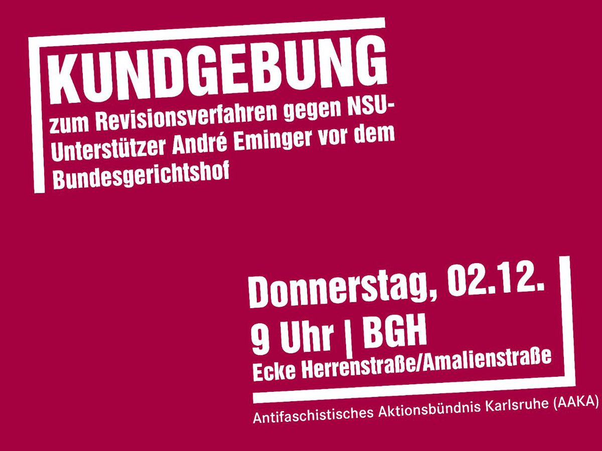 Aufruf: oatkarlsruhe.wordpress.com/2021/11/29/kun… #antifa #karlsruhe #keinschlussstrisch #bundesgerichtshof #nsu #keinvergebenkeinvergessen