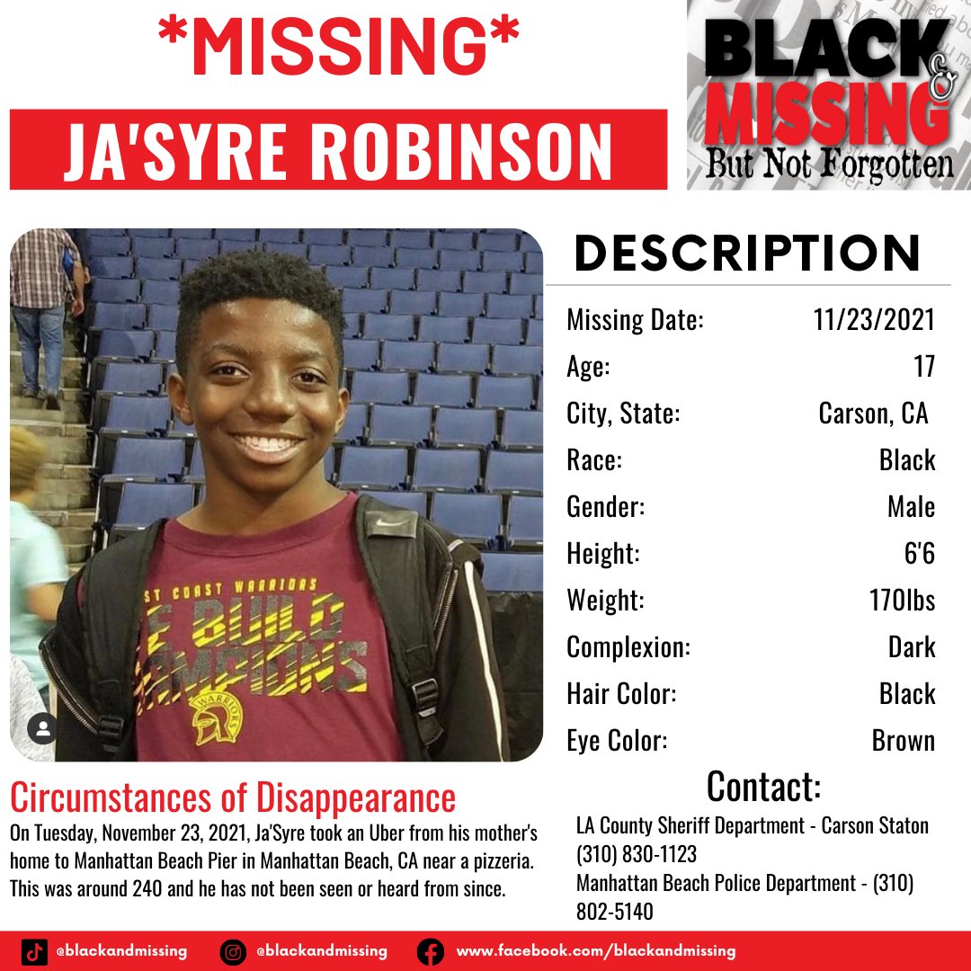blackandmissing's tweet photo. On Tuesday, November 23, 2021, Ja'Syre took an Uber from his mother's home to Manhattan Beach Pier in Manhattan Beach, CA. This was around 240 and he has not been seen or heard from since.
#jasyrerobinson #blackandmissing #bambnf #missing #california #manhattanbeach https://t.co/KZ8VyVUKP4