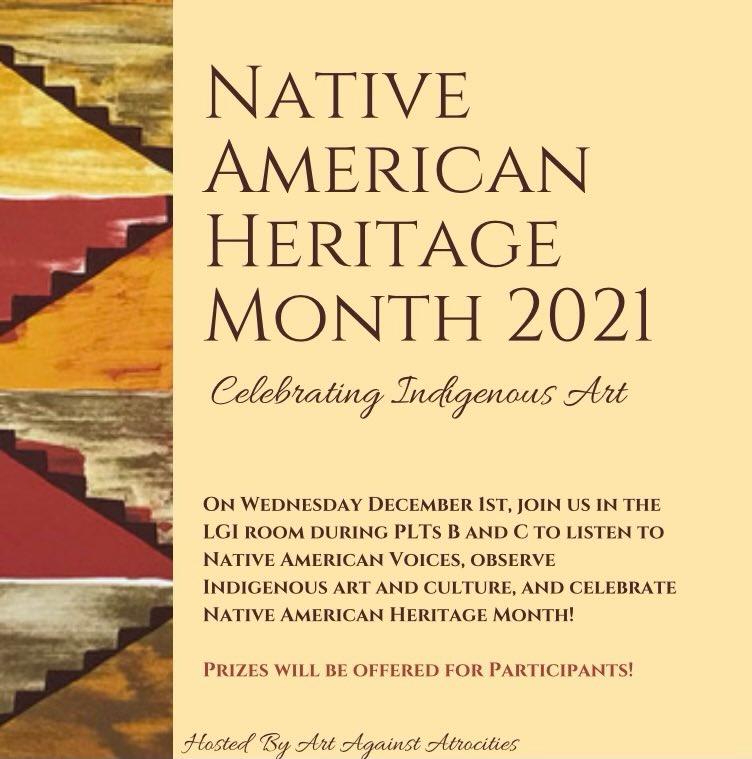 AAA is hosting an event for Native American Heritage Month during PLTs B and C Tomorrow!! Join us to learn about Native American Art-there will be free snacks and a chance to win a raffle for half a dozen @twinbakespittsburgh cookies!