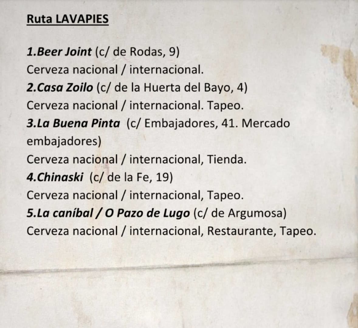 🍻Ruta LAVAPIÉS🍻
@beerjoinmadrid
<a href="/CasaZoilo/">Casa Zoilo</a>
<a href="/labuenapintaSF/">la buena pinta</a>
<a href="/Chinaskibar/">@Chinaskilavapies</a>
<a href="/lacanibal/">yeraldin trinidad</a>

<a href="/craftesanos/">Craftesanos</a>  #cerveza #birra #cerveja #beer #cervexa #bier #homebrew #welovebeer #homebrewing #homebrewer #cervezaartesana #cervezaartesanal  #madrid  #craftesanos