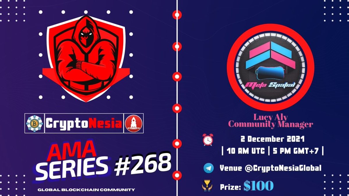 CryptoNesia2019's tweet photo. 🔥 CryptoNesia will hold an AMA with Meta Spatial on 2 December 2021 at 10 AM UTC | 5 PM GMT+7.

Prize: $100

👉https://t.co/OYDXrIgpey 👈

Rules:
1. Follow @MetaSpatial_io, &amp; @CryptoNesiaReal
2. Like, Retweet, &amp; Send Your Question! Max 5 Questions!

#AMA #AMACRYPTO https://t.co/WGgcMhvwzr