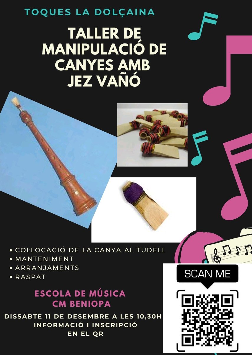 BandaBeniopa's tweet photo. 🔸T'agradaria conèixer més de prop el procés de construcció de les canyes? En aquest taller podràs conèixer les eines necessàries per a manteniment, conservació i sonoritat de la canya.

🔹Teniu tota la informació i el document d'inscripció a l'enllaç:

https://t.co/D1UfQM8Ycr https://t.co/pdscdIZnEq