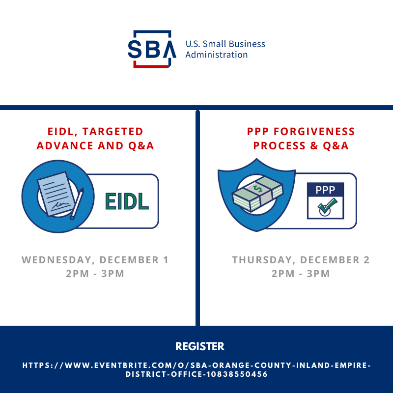 SBA_OCIE's tweet photo. Join us this week to hear the latest updates to the EIDL program and an insight into the PPP Forgiveness process!
EIDL Webinar: https://t.co/DjG1wSCUQ0
PPP Forgiveness Process:
https://t.co/OTcjD1W4QV
#EIDL #TargetedAdvance #SmallBusinesses #PPP https://t.co/kxEKcs4mZL