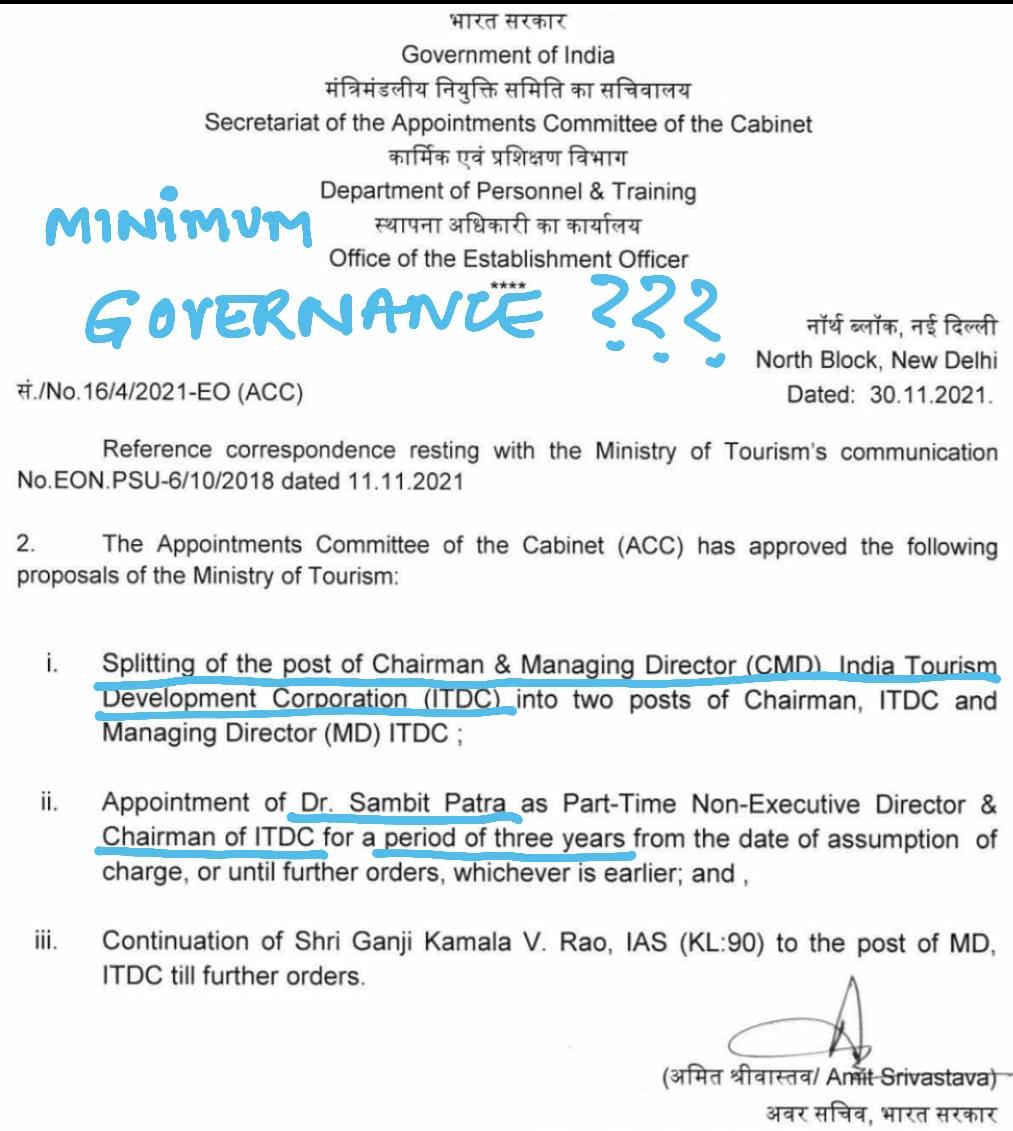Janpratinidhi_'s tweet photo. #MinimumGovernance Farce :
Hypocricy Redefined @narendramodi @PMOIndia @RSSorg 
ITDC - an org. which is nearly dead with most assets already sold out &amp; whatever remaining ( e.g Ashoka Hotel Delhi etc ) also almost on d block ,gets its CMD post bifurcated .
Ridiculous Joke !! https://t.co/bsnmF7UsXf