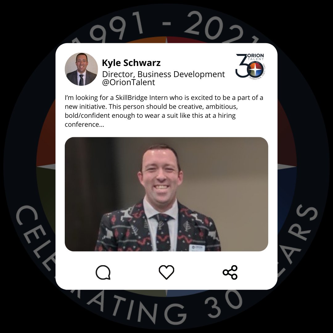 bfhenry's tweet photo. Kyle Schwarz, Director of Business Development at Orion Talent is looking for a #SkillBridge Intern that's outgoing and eager to talk with new people daily, but never forget that these are more than just clients/candidates on a ledger; they’re people too. Interested? DM me. https://t.co/GHnJMB9XMH