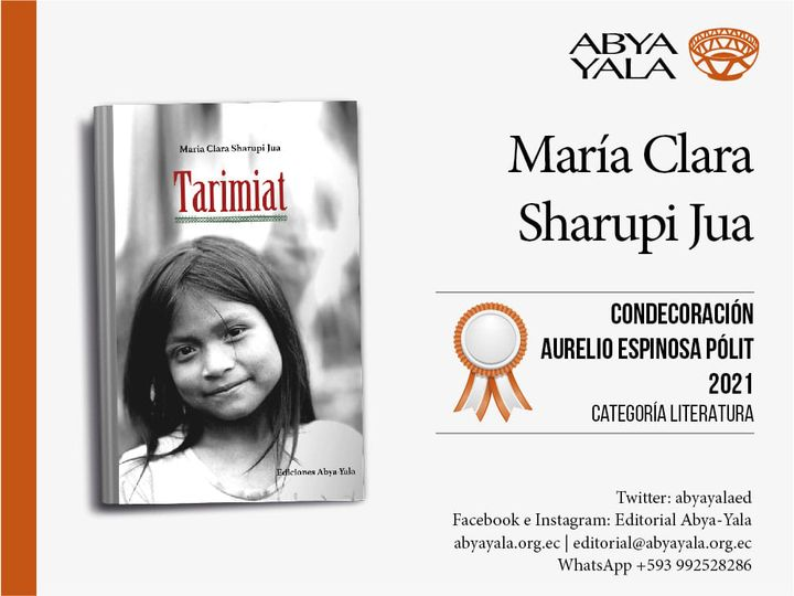 AbyaYalaed's tweet photo. La #poetisa #mariaclarasharupijua recibió la condecoración🥇"Aurelio Espinosa Pólit" por su destacado trabajo literario
#LibreríaAbyaYala #literatura #libropremiado https://t.co/4juSbkIvqx