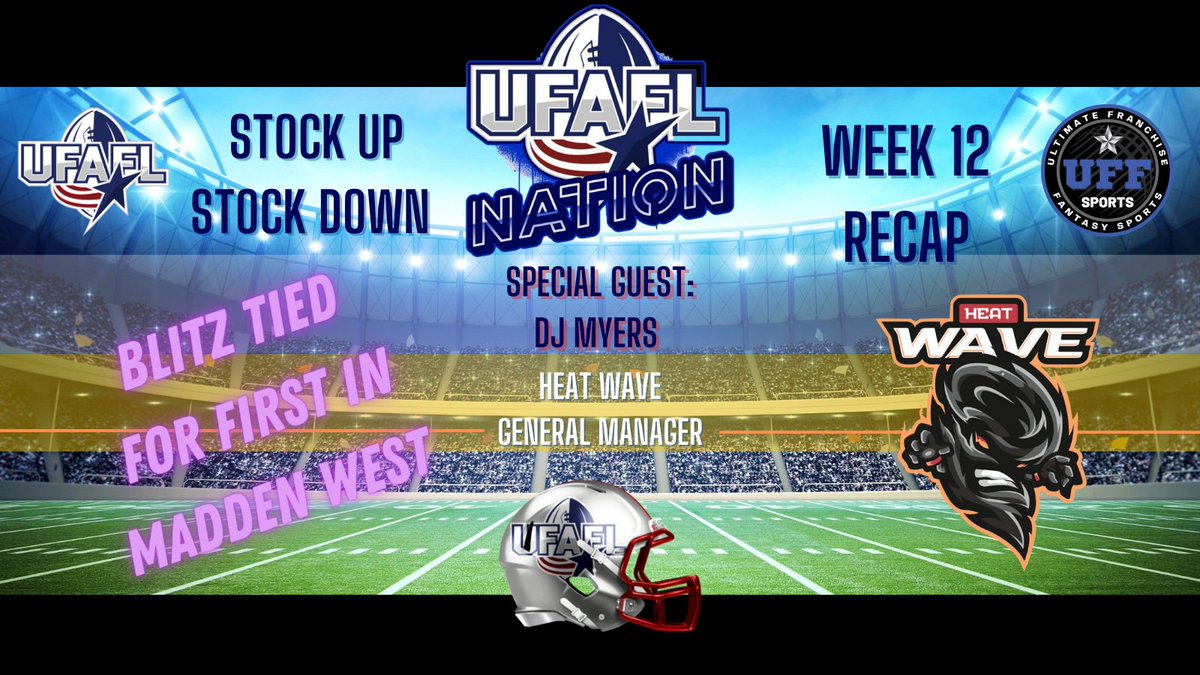 UFSNetwork's tweet photo. On this week's #UFAFLNation @MichaelSkrz is joined by @UFAFLHeatWave GM DJ Myers to talk about his squad's 11-1 record including a Week 12 win over the @LEGIONUFAFL. Plus, a couple AFC East WRs are the focus of #StockUpStockDown
https://t.co/eFhDc3dJ2c
@TheUFAFL @UFFSports $SCO https://t.co/qKDmkFTgZP