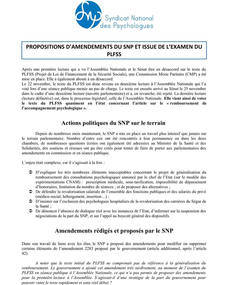 snpsychologues's tweet photo. Proposition d’amendements du SNP et issue de l’examen du PLFSS. #Psychologist #psy #Sante https://t.co/IDzt1XaTGe
