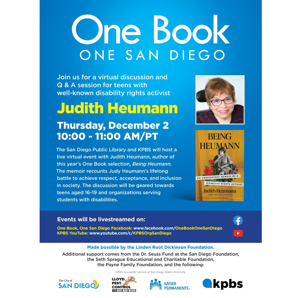 escolibrary's tweet image. Join @OneBookSD, @KPBS, and @SDPublicLibrary  for a free virtual discussion with @judithheumann  this Thursday, December 2 from 10:00 to 11:00 a.m. on One Book One San Diego&apos;s Facebook Live Page and KPBS&apos;s Youtube Channel! 
#obosd #beingheumann #inclusion #disability #library