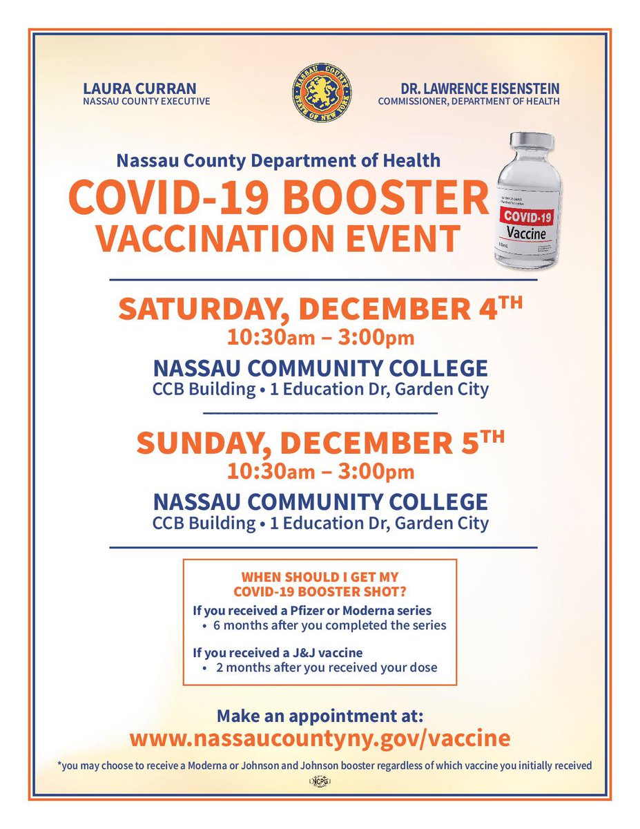 LauraCurran516's tweet photo. The Nassau County Department of Health is offering COVID-19 booster shots this weekend at Nassau Community College.

Make an appointment at https://t.co/ttuESBDdkc. https://t.co/h0KX1yU2iA