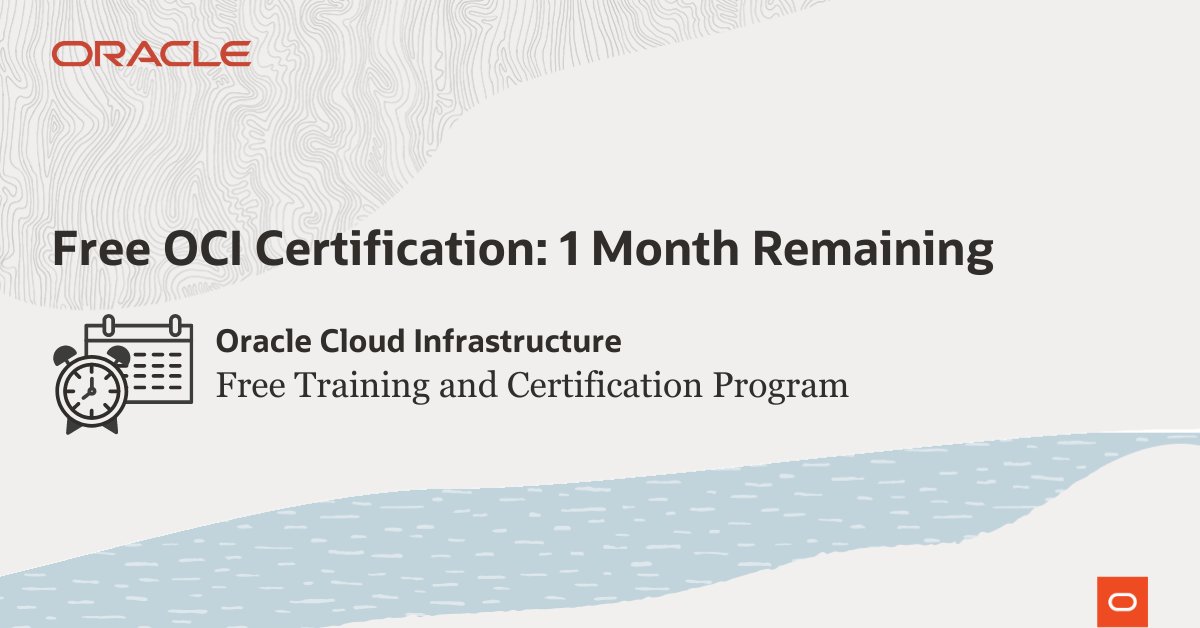 Time is running out to get OCI certified for free. Be sure to be sure to take advantage of Oracle University's free OCI certification before the offer expires on December 31, 2021. The free training will remain available after that. social.ora.cl/6018Jmo4m