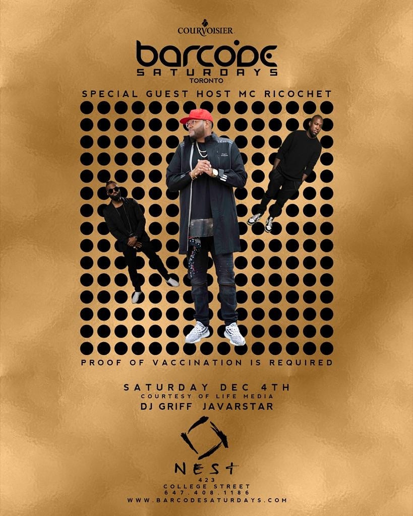 This #Saturdaynight 
Special Guest MC <a href="/RicochetOnAir/">Ricochet</a> from @flow935 <a href="/BarcodeSaturday/">Barcode Saturdays</a>

Inside <a href="/NestToronto/">Nest</a> 
#Downtown #Toronto #1 #Party 🎉🎥🍾

Limited Capacity Get on the #Guestlist Now!! #Text 416-735-7827 🤳

#Hiphop #Dancehall #Soca #Trap #Afrobeats