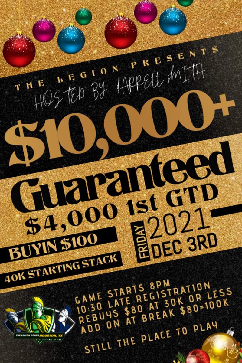 TheLegionPoker's tweet photo. You don't want to miss out on this one!!

#TheLegion #poker #Houston #10KGTD #LFG #Holidays https://t.co/U177frJwUz
