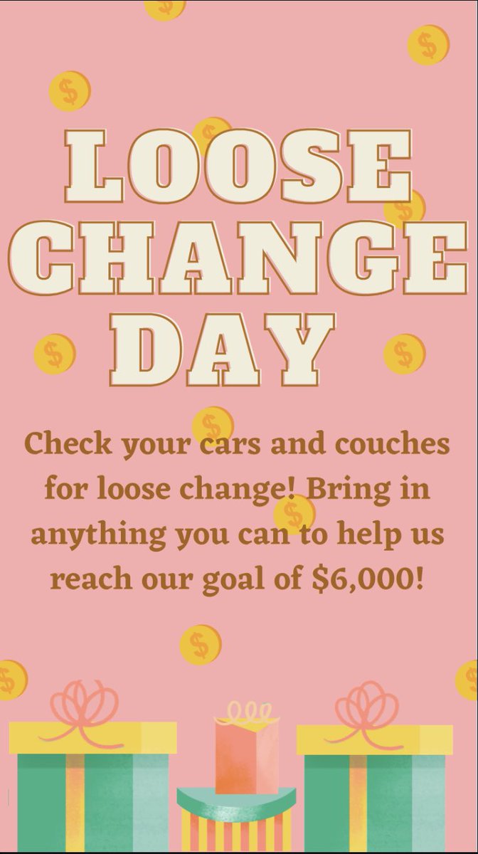 Our current adopt-a-child total is $4544.23 😀 Tomorrow is change day so check your cars and couches and bring in anything you can to help us reach our goal! Friday is the last day to bring in money 🎁